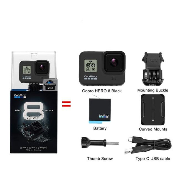 GoPro HERO8 Black Digital Action Camera {4K60/12MP} Waterproof to 33 ft. -  With Battery, Thumb Screw, Mounting Buckle, Curved Adhesive Mount, USB A To